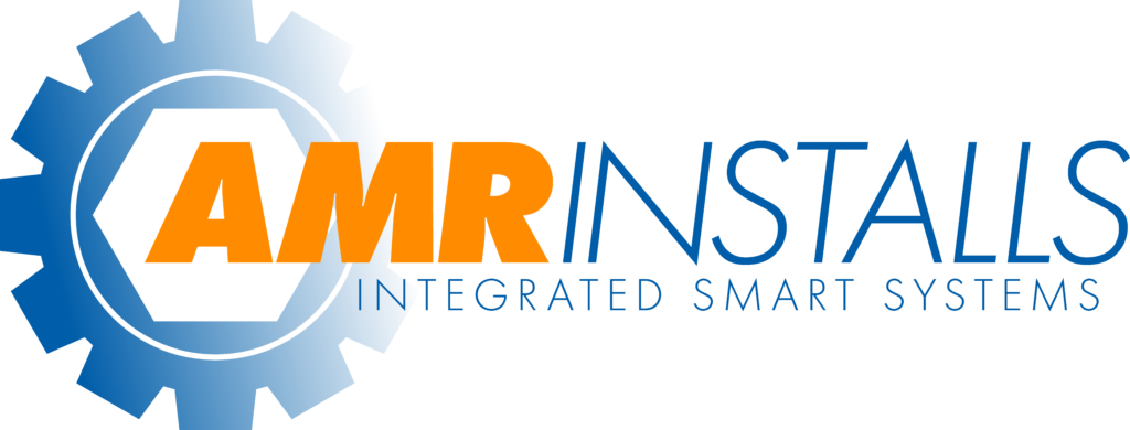 AMR Installs Logo with a blue gear that fades into the words AMR Installs; integrated smart systems